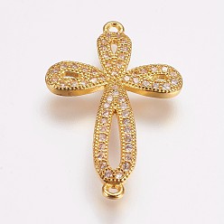 Golden Brass Micro Pave Cubic Zirconia Links, Cadmium Free & Lead Free, Cross, Golden, 26x16x2mm, Hole: 1mm