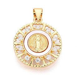 Настоящее золото 18K Латунные микропаве прозрачные подвески с фианитом, без кадмия и без свинца, с оболочкой, плоский круглый с Иисусом Марией католический, реальный 18 k позолоченный, 20.5x18x3 мм, отверстие : 5x3.5 мм