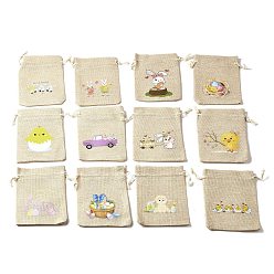 Mixed Shapes 12 шт 12 стили пасхальное яйцо цыпленок кролик напечатанный прямоугольник мешковина ткань упаковочные мешочки, шнурок сумки, пшеничный цвет, разнообразные, 14.2x10.1x0.35 см, 1 шт / стиль