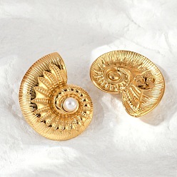 Настоящее золото 14K 304 серьги-гвоздики из нержавеющей стали с жемчугом, ионное покрытие (ip), формы раковины, реальный 14 k позолоченный, 26x19.5 мм