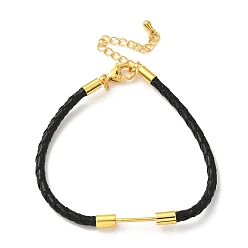 Черный 3Изготовление браслета из плетеного круглого шнура из искусственной кожи диаметром ⅜ мм, с 304 карабинами из нержавеющей стали и латунной планкой с бусинами, золотые, стойки покрытие, долговечный, чёрные, 7-1/8 дюйм (18.2 см)