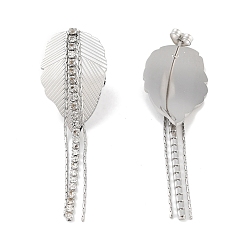 Stainless Steel Color Leaf 304 Stainless Steel Dangle Earrings, Rhinestone Stud Earrings for Women, Stainless Steel Color, 61x18.8mm