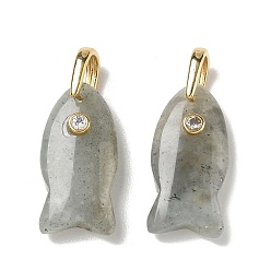 Labradorite Natural Labradorite Pendants, Fish Charms with Brass Micro Pave Clear Cubic Zirconia Findings, Golden, 27~27.5x13.5~14.5x7~7.5mm, Hole: 6.5x4.5mm