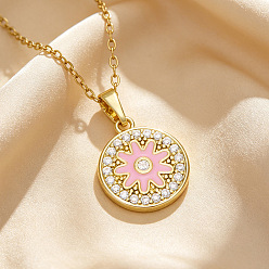 Flat Round Brass Enamel Pendant 201 Stainless Steel Cable Chain Necklaces for Women, Golden, with Crystal Rhinestone, Golden, Pink, Flat Round, 17.72 inch(45cm), pendant: 20mm