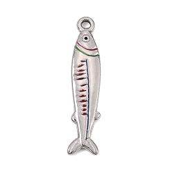 Platinum 304 Stainless Steel Pendants, with Enamel, Fish Charms, Platinum, 35x7x2mm, Hole: 1.6mm