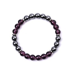 Amethyst Natural Amethyst & Synthetic Non-magnetic Hematite Round Beads Stretch Bracelets for Women Men, with 304 Stainless Steel, 7.28 inch(18.5cm)~7.48 inch(19cm)