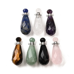 Смешанные камни Подвески для флаконов духов из натуральных смешанных камней, с 304 фурнитурой из нержавеющей стали, граненые, слезинки, цвет нержавеющей стали, 49x17~18 мм, отверстие : 1.9 мм
