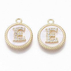 Letter E Brass Micro Pave Cubic Zirconia Pendants, with Shell, Flat Round with Letter, Nickel Free, Clear, Creamy White, Real 18K Gold Plated, Letter.E, 17x14x4mm, Hole: 1.8mm