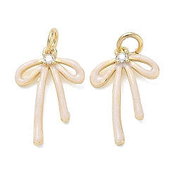 Rose Brumeux Placage en rack laiton pavé de zircons cubiques transparents, charmes bowknot, avec émail, anneau de jonction et poudre à paillettes, sans cadmium et sans plomb, plaqué longue durée, réel 18 k plaqué or, rose brumeuse, 19x13x2mm, Trou: 3.5mm