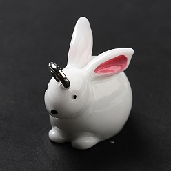 White Opaque Resin Pendants, Rabbit Charm, with Platinum Tone Iron Loops, White, 18x12x21.5mm, Hole: 2.5mm