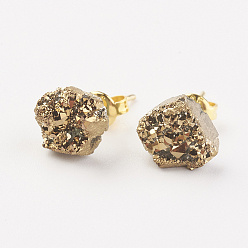 Золотистый Галька натуральный druzy агат серьги стержня, с латунной фурнитурой , самородки, золотые, золотые, 6~11x4~10x3~5 мм , штифт: 0.7 мм
