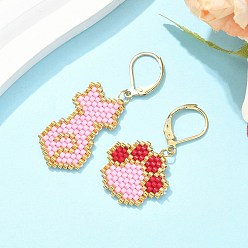 Pink 304 женские серьги с рычагом из нержавеющей стали, с подвесками из плетеного стекла в форме кошки и с отпечатками лап, слева и справа, золотые, розовые, 15x44 мм