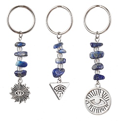 Mixed Shapes Tibetan Style Alloy Keychain, with Natural Lapis Lazuli Beads and Iron Split Key Rings, Mixed Shapes, Evil Eye, Mixed Shapes, 6.4~7.3cm, Pendants: 42~52x15~19x6mm