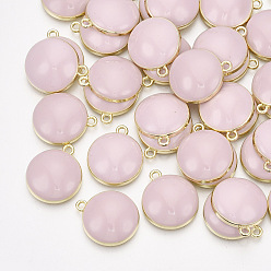 Pink Alloy Pendants, with Enamel, Flat Round, Light Gold, Pink, 21x18x6mm, Hole: 1.8mm