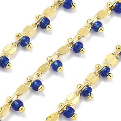 Королевский синий Стеклянные звенья цепи, с медными цепями, долговечный, без свинца и без кадмия, стойки покрытие, реальный 18 k позолоченный, пайки, с катушкой, королевский синий, 5.5x3x0.5 мм