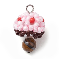 Pink Подвески из бисера и натурального тигрового глаза, подвески-грибы, с железной петлей, розовые, 27x18x18 мм, отверстие : 3 мм