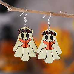 Белый Деревянные серьги на Хэллоуин, с серьгами из нержавеющей стали и крючком, призрак, платина, белые, 66 мм