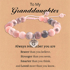 Letter G Браслеты из натуральной розовой зебровой яшмы с круглыми бусинами и эластичными бусинами, браслеты с подвесками в виде сердца и буквы для женщин, платина, Буква G, 7-1/8 дюйм (18 см)