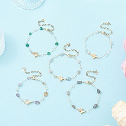 Golden 5Pcs 5 Styles Handmade Glass & Opalite & Natural Morganite & Dyed Green Agate & Labradorite & Amethyst Nuggets Beads Necklaces, Brass Butterfly Link Chain Necklaces for Women, Golden, 7-3/8 inch(18.6cm), 1pc/style