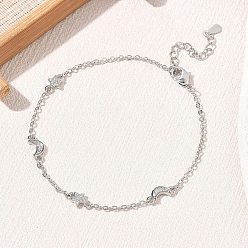Platinum Brass Micro Pave Clear Cubic Zirconia Moon Star Link Chain Bracelets, Long-Lasting Plated, Rack Plating, Lead Free & Cadmium Free, Platinum, 6.69 inch(17cm)