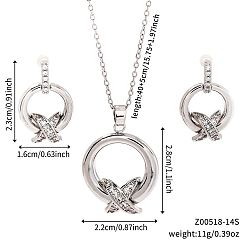 Платина Комплекты из латунных подвесок и серег-гвоздиков с микропаве из прозрачных кубических цирконий для женщин, кольцо с буквой x, платина, ожерелья: 15.75 дюйм (40 см)