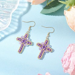 Лиловый 304 серьги-крестики из нержавеющей стали со стеклянными семенами, золотые, сирень, 53x26 мм