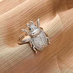 Платина Латунные микропаве кубические цирконии регулируемые открытые манжеты кольца для женщин, без кадмия и без свинца, насекомое, платина, внутренний диаметр: регулируемый, лоток : 22.5x16 мм