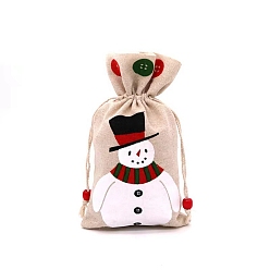 Snowman Christmas Linen Gift Bags, Drawstring Candy Cookie Cloth Bags, Rectangle, Snowman, 23x15cm