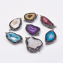 Natural Agate Natural Druzy Agate Links connectors, with Polymer Clay Rhinestone and Brass Findings, Nuggets, 32~41x17~30x6~8mm, Hole: 2mm
