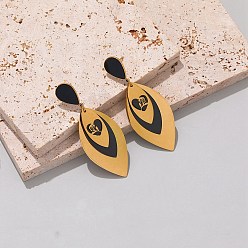 Golden 304 Stainless Steel Stud Dangle Earrings, Horse Eye with Flower, Golden, 60x24mm