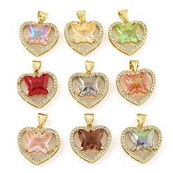 Mixed Color Rack Plating Brass Micro Pave Clear Cubic Zirconia Pendants, with Glass, Long-Lasting Plated, Cadmium Free & Lead Free, Heart with Butterfly Charms, Mixed Color, 16x16x6.5mm, Hole: 4x3.5mm