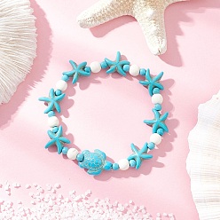 Бирюза Синтетические бирюзовые бусины в виде морских звезд и черепах, эластичные браслеты для женщин, бирюзовые, внутренний диаметр: 2-1/8 дюйм (5.4 см)