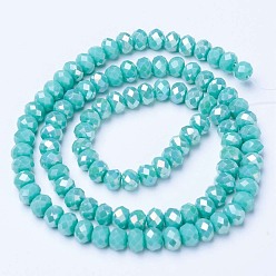 Medium Turquoise Electroplate Glass Beads Strands, Opaque Solid Color, AB Color Plated, Faceted, Rondelle, Medium Turquoise, 3x2mm, Hole: 0.8mm, about 165~169pcs/strand, 15~16 inch(38~40cm)