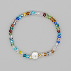 Letter L Handmade Bohemian Colorful Faceted Rondelle Glass Beaded Stretch Bracelets, Alphabet Natural White Shell Bracelets for Women, Letter L, Inner Diameter: 2.36 inch(6cm)