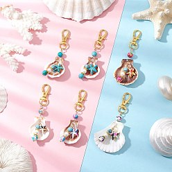 Золотой Подвеска в виде морской звезды из натуральной ракушки и синтетической бирюзы, с поворотными застежками из сплава и бусиной из ракушечного жемчуга, золотые, 91 мм, 6 шт / комплект