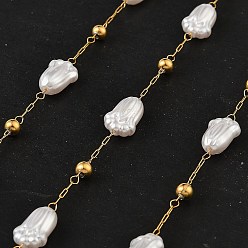 Золотой Ионное покрытие (ip) 304 цепи с цветочными звеньями из нержавеющей стали, с имитацией жемчуга, пайки, без кадмия и без свинца, с катушкой, золотые, 12x8x5.5 мм