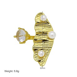 Fish Brass Pave Clear Cubic Zirconia Cuff Open Rings, with Imitation Pearl, Golden, Fish, 15~20mm