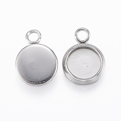 Stainless Steel Color 304 Stainless Steel Pendant Cabochon Settings, Flat Round, Stainless Steel Color, Tray: 6mm, 11x8x1.5mm, Hole: 2mm