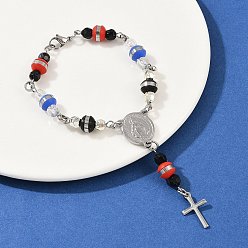 Нержавеющая Сталь Цвет 201 из нержавеющей стали крест шарм браслеты, Браслеты из стеклянных и пластиковых бусин для женщин, ионное покрытие (IP)., крестик, с 304 застежкой из нержавеющей стали, цвет нержавеющей стали, 7-5/8 дюйм (19.5 см)