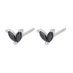 Noir Argent 925 boucles d'oreilles en argent sterling avec micro pavé de zircone cubique, feuille, noir, 5.5mm