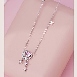 Серебро Ожерелья из тонкого серебра с прозрачными и жемчужно-розовыми кубическими цирконами в форме луны и сердечками для женщин, серебряные, 16.14 дюйм (41 см)