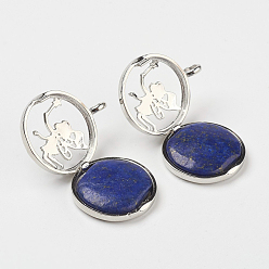 Ляпис-Лазурь Природный лазурит подвески, С выводами медальона из медных рассеивателей, плоские круглые с ангелом, 31x26x8 мм, отверстие : 4 мм