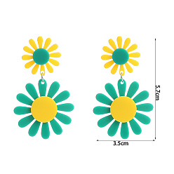 Темно-бирюзовый Богемные акриловые серьги-гвоздики, цветок, платина, темные бирюзовый, 57x35 мм