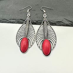 (123L) Белый крем непрозрачный блеск Болтаться серьги синтетические бирюзовые, длинные серьги-подвески из сплава с полыми листьями, огнеупорный кирпич, 80x26 мм