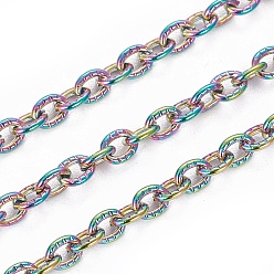 Rainbow Color Ion Plating(IP) 304 Stainless Steel Cable Chains, Textured, Soldered, with Spool, Oval, Rainbow Color, 3x2.5x0.5mm, about 32.8 Feet(10m)/roll