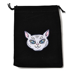 Cat Shape Прямоугольные упаковочные мешочки из бархатной ткани с принтом, сумки с узором таро на завязках, чёрные, форма кошки, 18.5x13.5x0.45 см