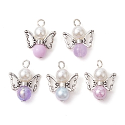 Lavender Blush Imitation Pearl Acrylic Pendants, with Alloy Wings and Glass Beads, Angel, Lavender Blush, 23x18x3mm, Hole: 3mm