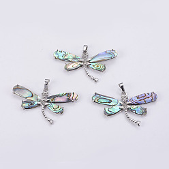 Paua Shell Abalone Shell/Paua ShellRhinestone Big Pendants, with Platinum Tone Brass Bail, Dragonfly, 33x52x5mm, Hole: 5x8mm