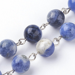 Sodalite Handmade Natural Sodalite Beaded Chains, Unwelded, with Iron Eye Pin, Round, Platinum, 39.37 inch, 1m/strand