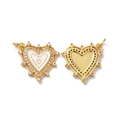 Белый Покрытие стойки латунь микропаве прозрачные кубические циркониевые подвески, с прыгающим кольцом и эмалью, без свинца и без кадмия, шарма сердца, реальный 18 k позолоченный, белые, 19x19x2 мм, отверстие : 3.5 мм
